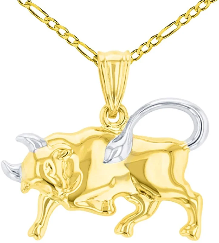 High Polish 14K Yellow Gold Bull Pendant Taurus Zodiac Sign Charm Figaro Chain Necklace