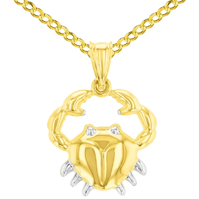 High Polish 14K Yellow Gold Cancer Zodiac Sign Pendant Crab Charm Cuban Chain Necklace