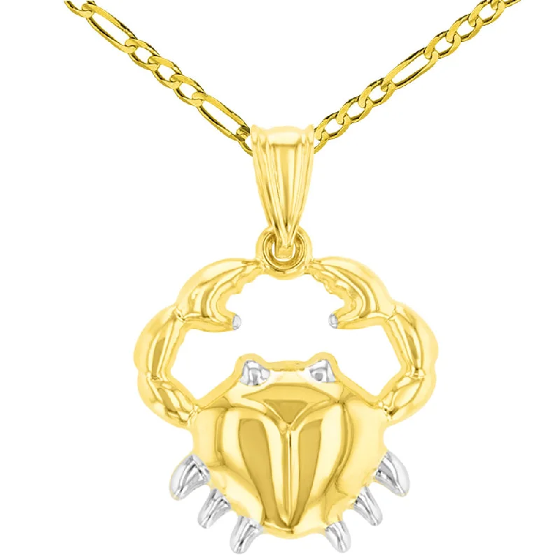 High Polish 14K Yellow Gold Cancer Zodiac Sign Pendant Crab Charm Figaro Chain Necklace