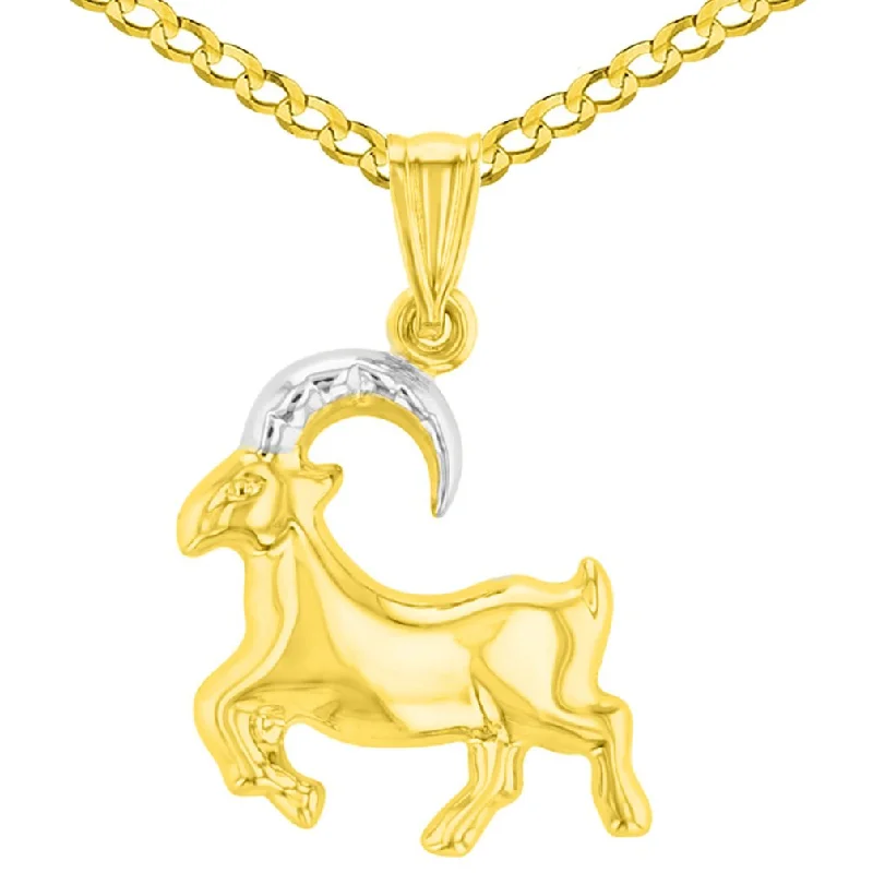 High Polish 14K Yellow Gold Capricorn Zodiac Sign Charm Pendant Cuban Chain Necklace