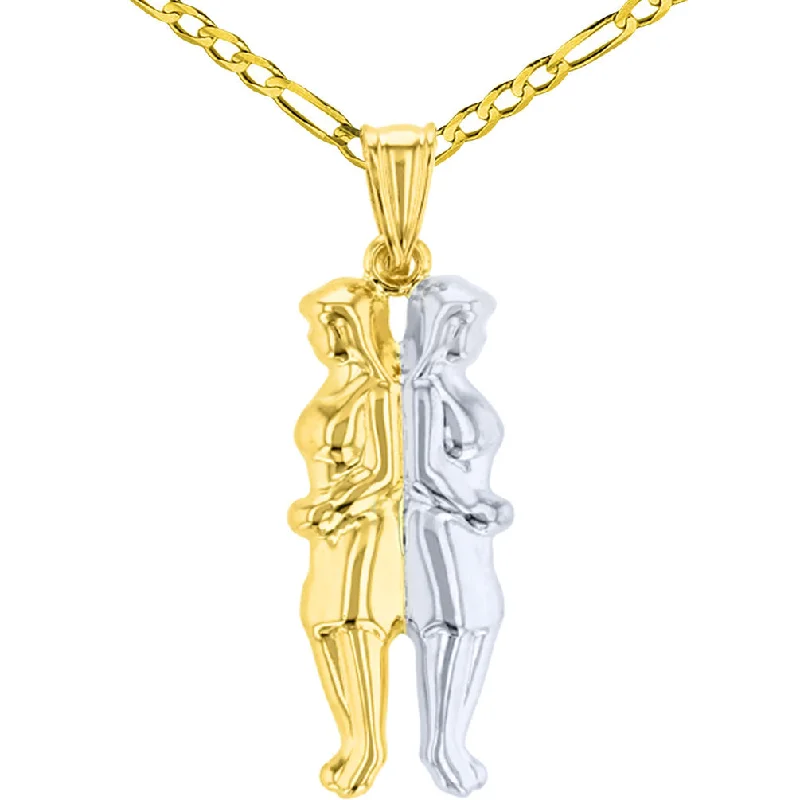 High Polish 14K Yellow Gold Gemini Pendant Zodiac Sign Charm Figaro Chain Necklace