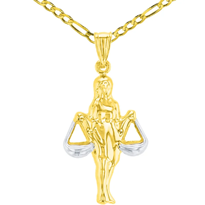 High Polish 14K Yellow Gold Libra Zodiac Sign Charm Holding Scale Pendant Figaro Chain Necklace