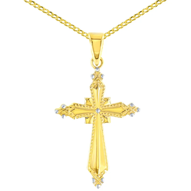 High Polish 14K Yellow Gold Milgrain Cross Charm Pendant Cuban Chain Necklace