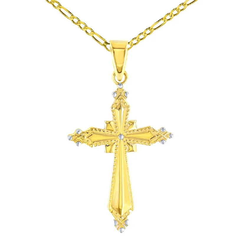 High Polish 14K Yellow Gold Milgrain Cross Charm Pendant Figaro Chain Necklace