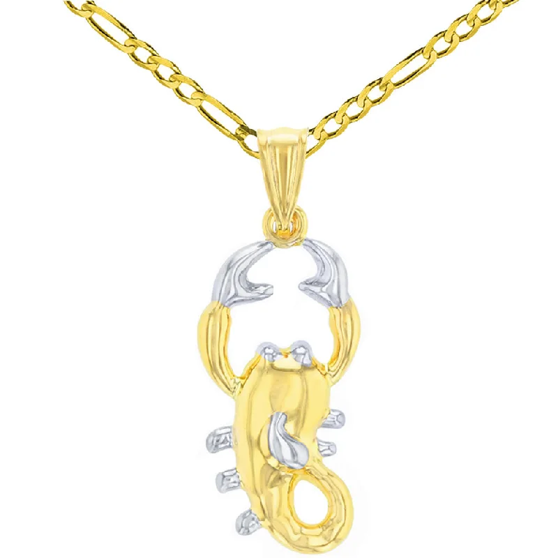 High Polish 14K Yellow Gold Scorpion Pendant Scorpio Zodiac Sign Charm Figaro Chain Necklace