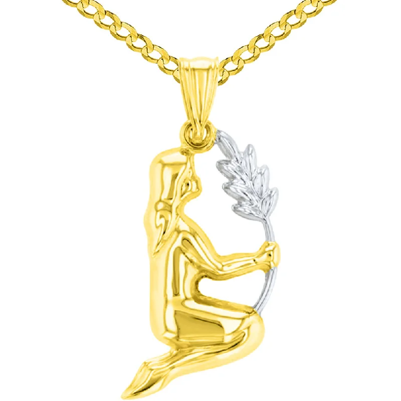 High Polish 14K Yellow Gold Virgo Maiden Holding Wheat Zodiac Sign Charm Pendant Cuban Chain Necklace