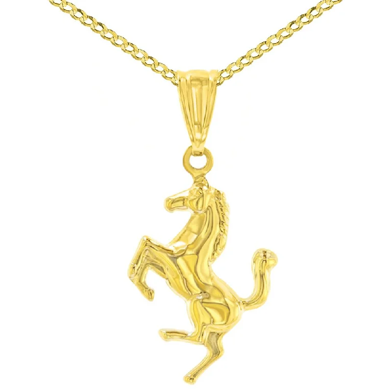 High Polished 14K Yellow Gold Stallion Horse Charm Animal Pendant with Cuban Chain Necklace