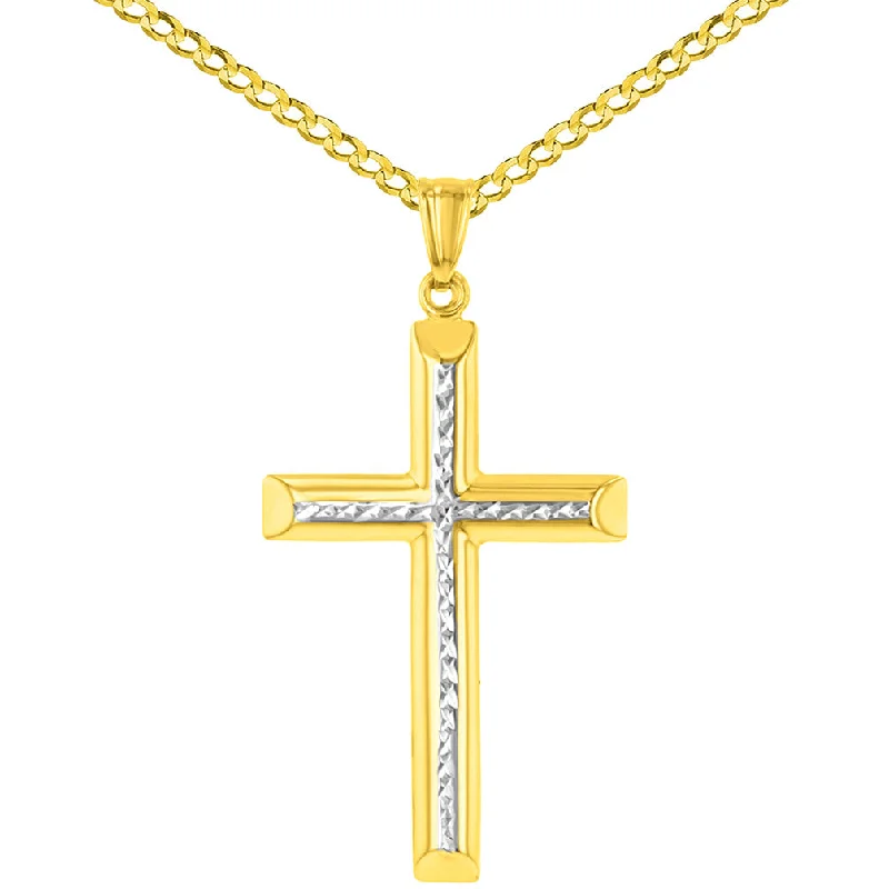 High Polished 14K Yellow Gold Textured Cross Pendant Necklace