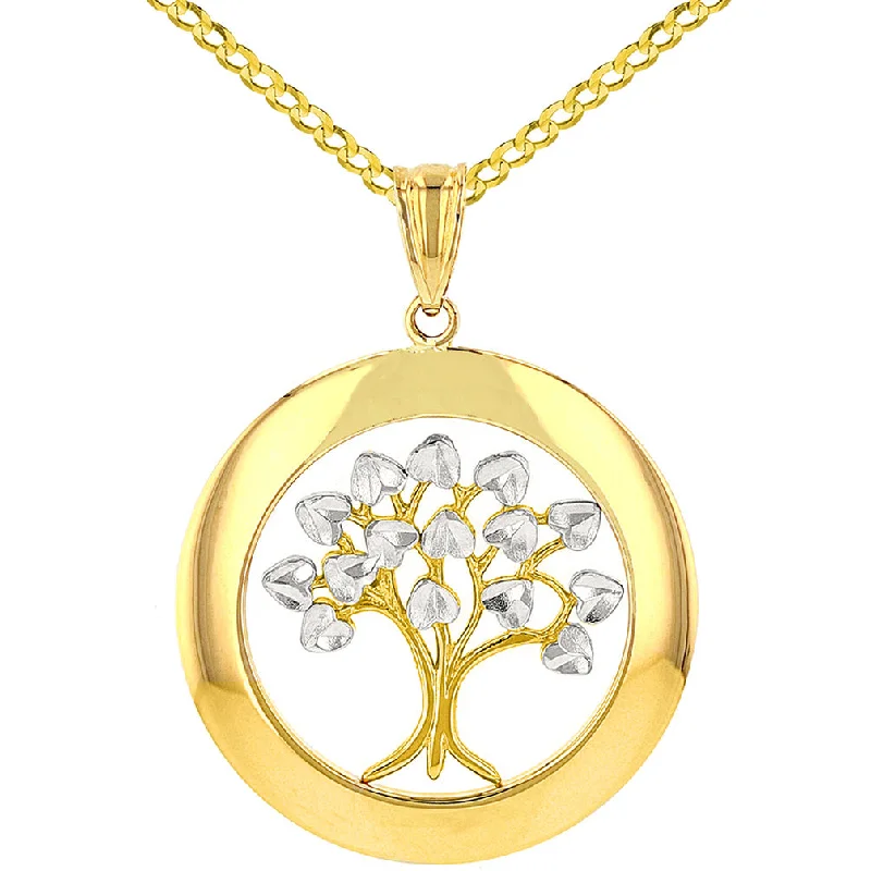 Jewelry America High Polished 14K Yellow Gold Round Tree of Life Pendant Cuban Necklace