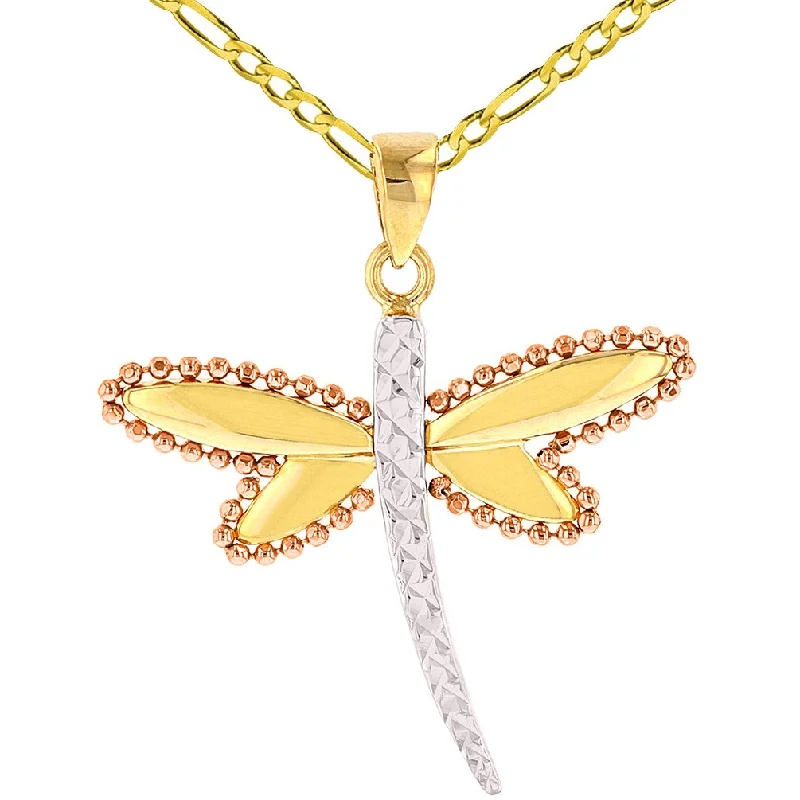 Jewelry America Textured 14K Yellow Gold and Rose Gold Milgrain Dragonfly Pendant Necklace