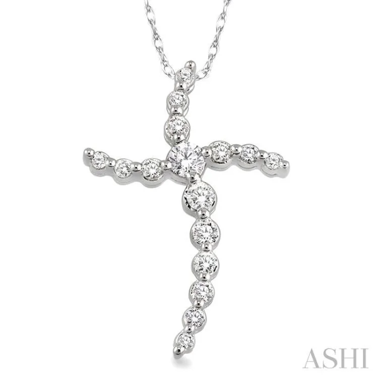 1/4 Ctw Round Cut Diamond Journey Cross Pendant in 14K White Gold with Chain