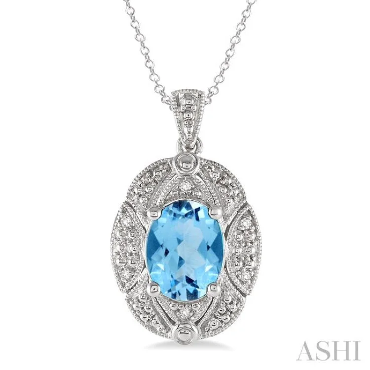 9x7 mm Oval Cut Blue Topaz and 1/50 ctw Single Cut Diamond Pendant in Sterling Silver with Chain