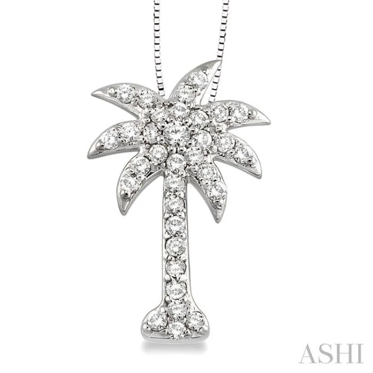 1/2 Ctw Round Cut Diamond Palm Tree Pendant in 14K White Gold with Chain