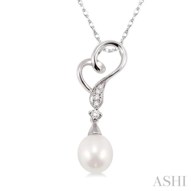 9x7mm Briolette Cut Cultured Pearl and 1/20 Ctw Round Cut Diamond Drop Pendant in 10K White Gold with Chain