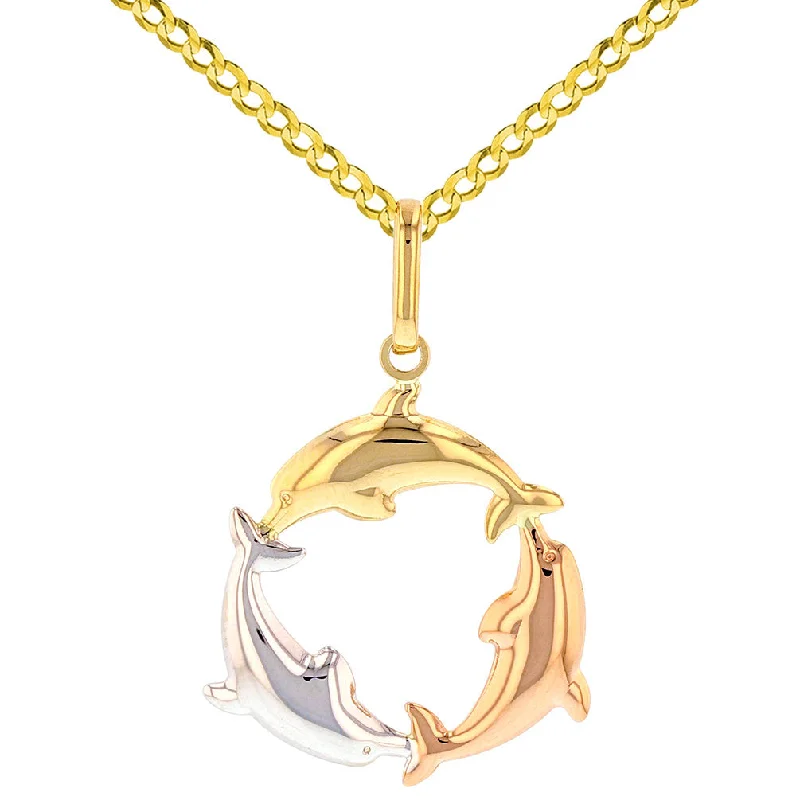 Polished 14K Tri-Color Gold Kissing Dolphin Circle Pendant Cuban Necklace