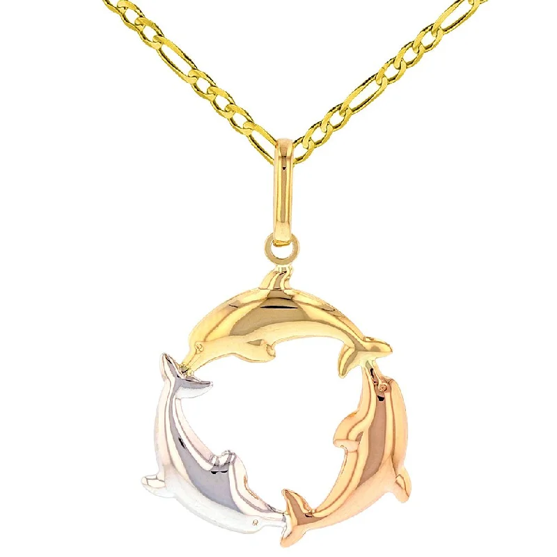 Polished 14K Tri-Color Gold Kissing Dolphin Circle Pendant Figaro Necklace