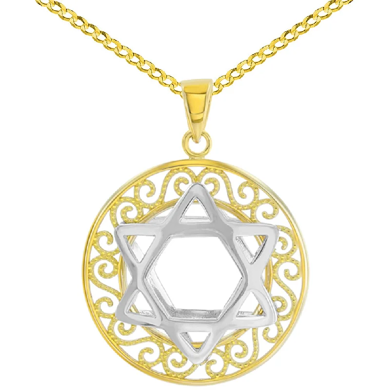 Polished 14K Two Tone Gold Round Filigree Star of David 3D Charm Pendant Cuban Necklace