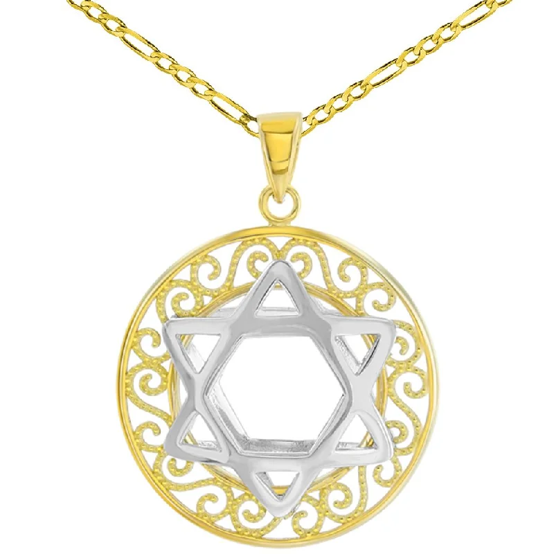 Polished 14K Two Tone Gold Round Filigree Star of David 3D Charm Pendant Figaro Necklace