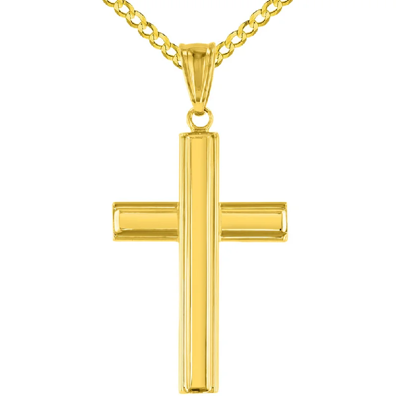 Polished 14K Yellow Gold Plain Religious Cross Pendant with Cuban Necklace