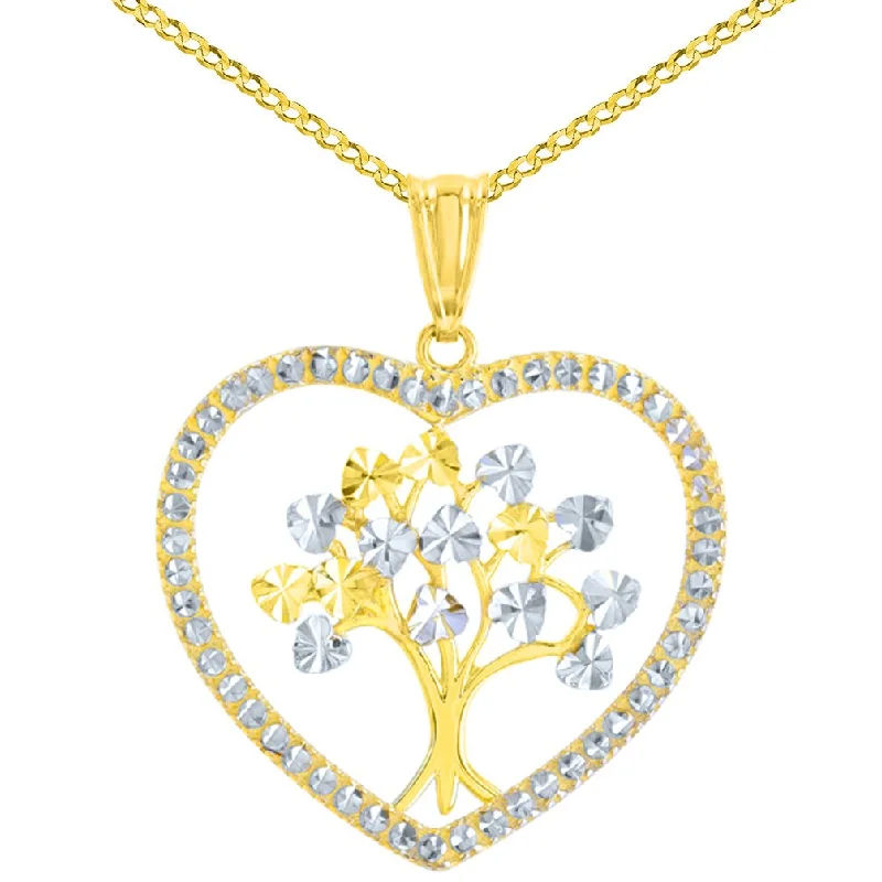 Polished 14K Yellow Gold Textured Heart Shaped Tree of Life Pendant Cuban Chain Necklace