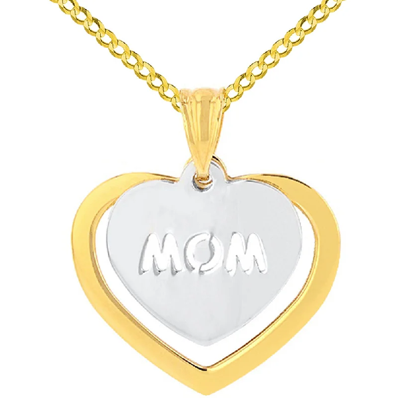 Solid 14K Two-Tone Gold Double Heart with Mom Pendant Necklace