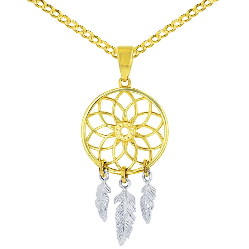 Solid 14K Two-Tone Gold Native American Dreamcatcher Charm Pendant Necklace