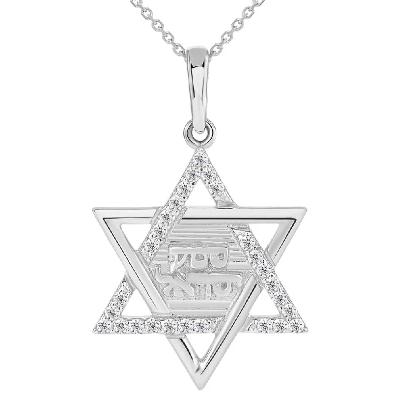 Solid 14k White Gold Hebrew Shema Yisrael CZ Star of David Pendant Necklace