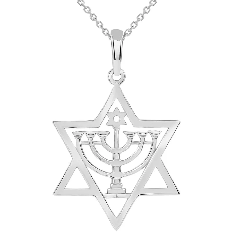 Solid 14k White Gold Jewish Star of David with Menorah Pendant Necklace