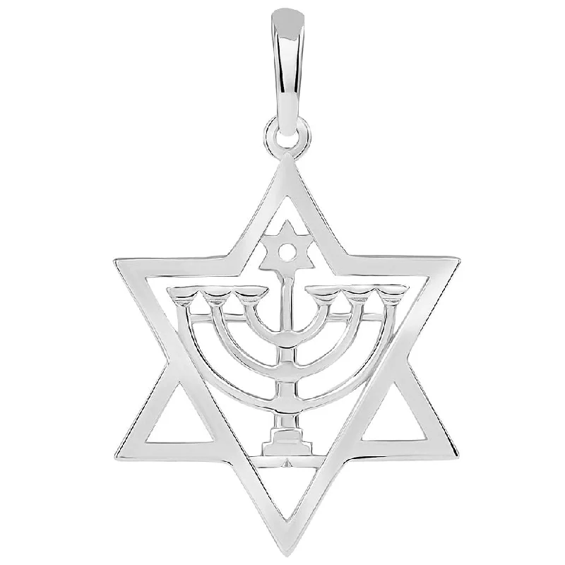 Solid 14k White Gold Jewish Star of David with Menorah Pendant