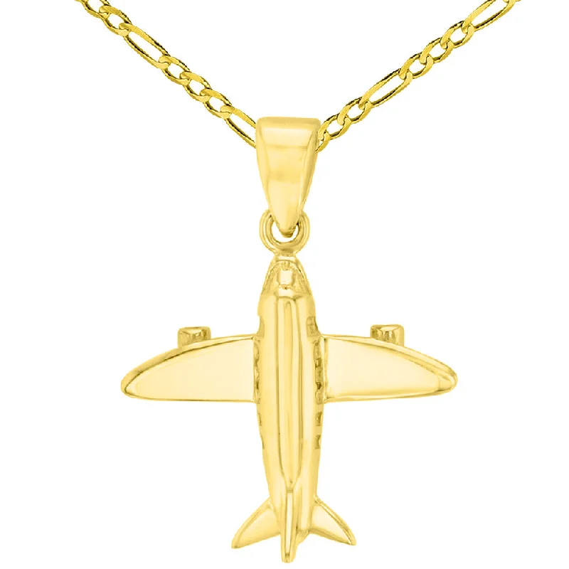 Solid 14K Yellow Gold 3D Airplane Charm Jet Aircraft Pendant with Figaro Chain Necklace