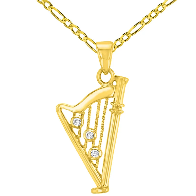 Solid 14K Yellow Gold CZ Harp Charm Musical Instrument Pendant with Figaro Chain Necklace