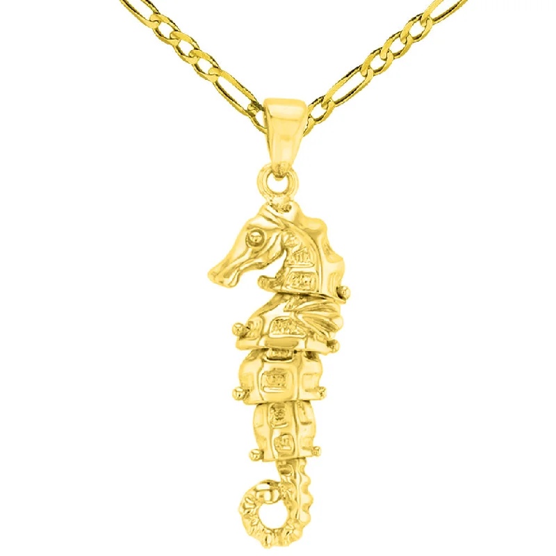 Solid 14K Yellow Gold Dangling Seahorse Pendant with Figaro Chain Necklace