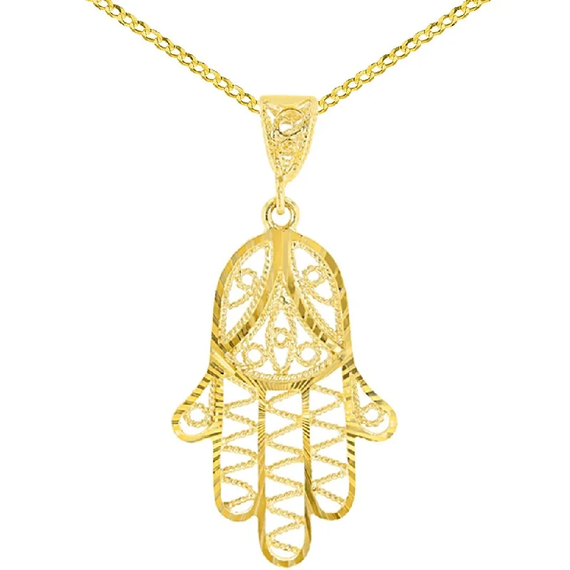 Solid 14K Yellow Gold Filigree Hamsa Charm Textured Hand of God Pendant Cuban Chain Necklace