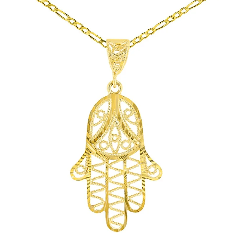 Solid 14K Yellow Gold Filigree Hamsa Charm Textured Hand of God Pendant Figaro Chain Necklace