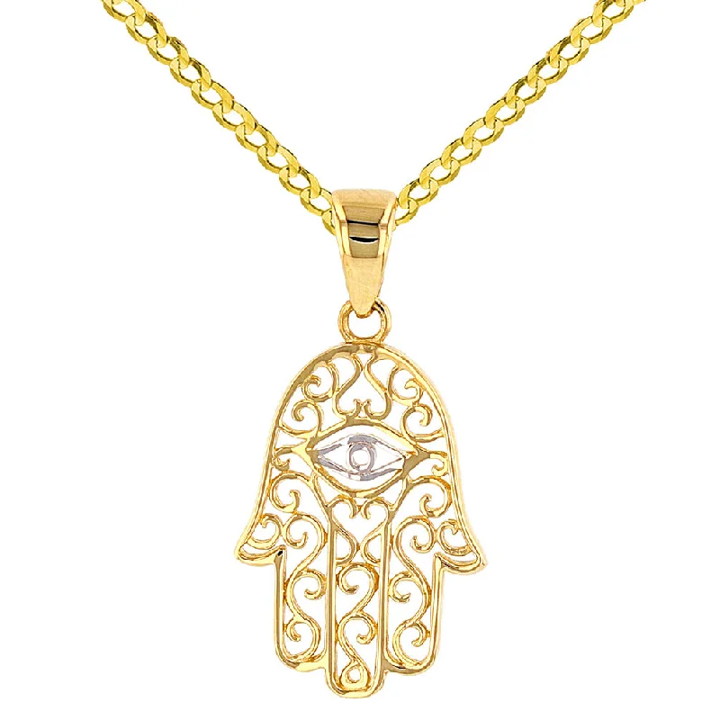 Solid 14K Yellow Gold Filigree Hamsa Hand of Fatima with Evil Eye Pendant Necklace