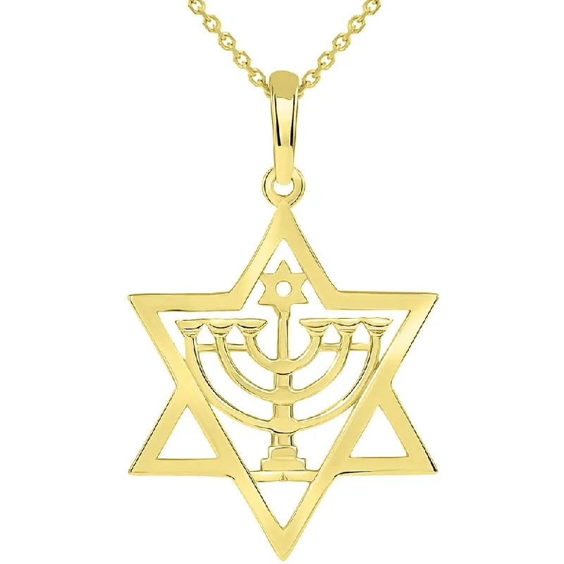 Solid 14k Yellow Gold Jewish Star of David with Menorah Pendant - Available with Rolo, Curb, or Figaro Chain Necklaces