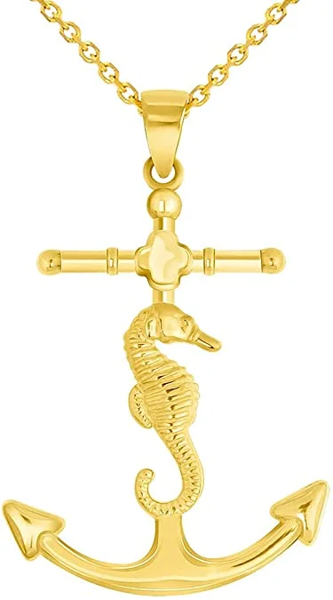 Solid 14k Yellow Gold Nautical Anchor with Seahorse Pendant with Rolo Cable, Cuban Curb, or Figaro Chain Necklaces