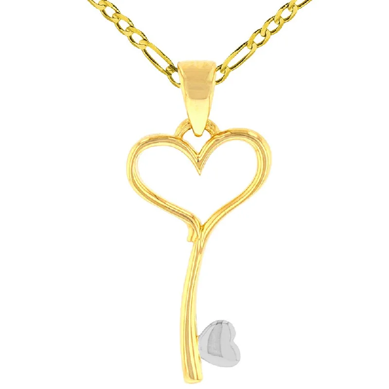 Solid 14K Yellow Gold Open Heart Love Curved Key Pendant with Figaro Chain Necklace