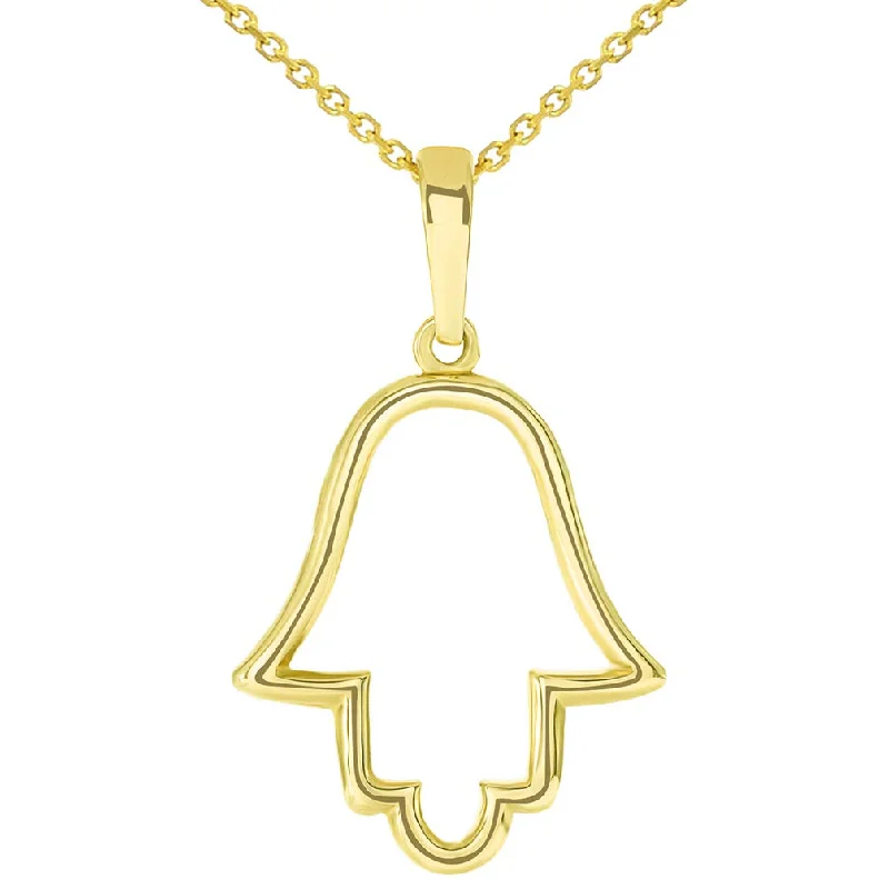 Solid 14k Yellow Gold Outline Hamsa Hand Pendant Necklace - Available with Rolo, Curb, or Figaro Chain Necklaces