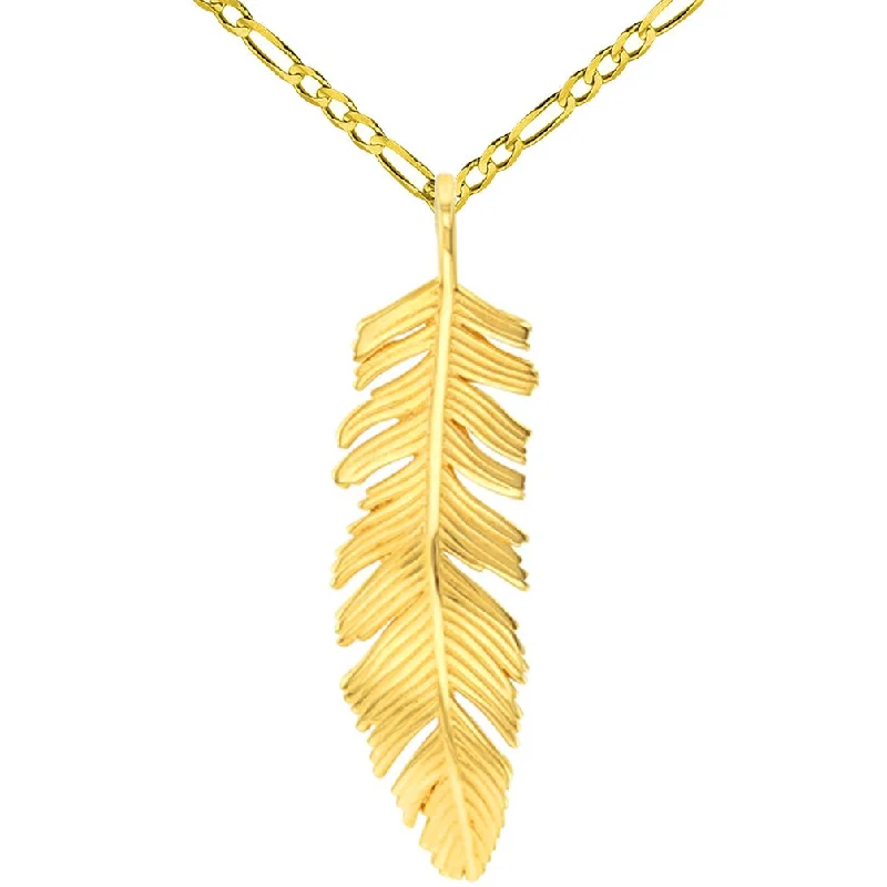 Solid 14k Yellow Gold Polished Feather Charm Pendant with Figaro Chain Necklace