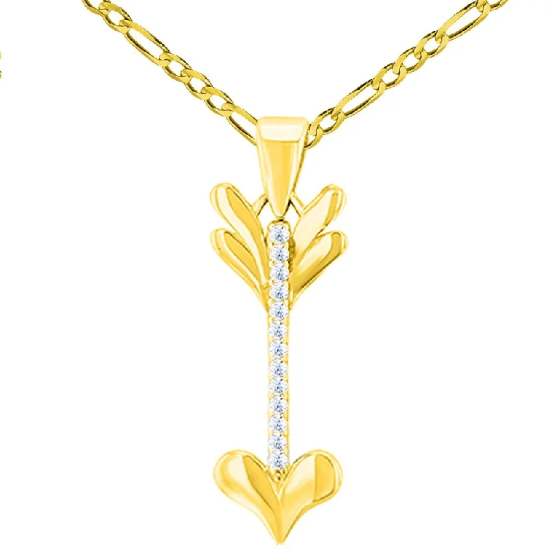 Solid 14K Yellow Gold Reversible CZ Love Arrow Pendant with Figaro Chain Necklace