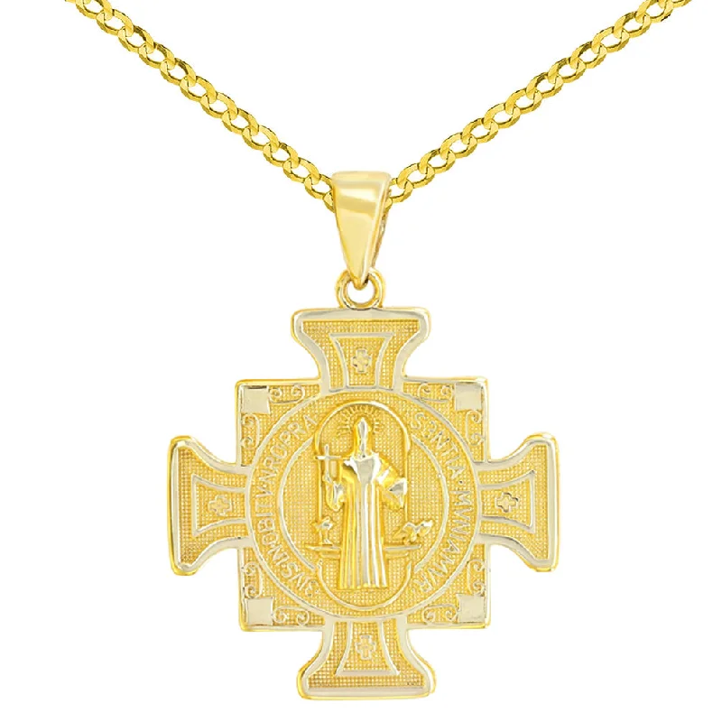 Solid 14K Yellow Gold Saint Benedict Cross Charm Pendant Cuban Concave Necklace