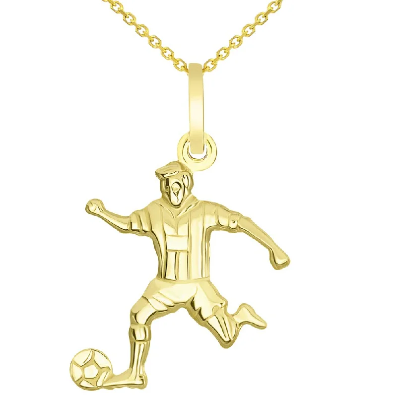 Solid 14k Yellow Gold Soccer Player Kicking Ball Pendant Necklace - Available with Rolo, Curb, or Figaro Chain Necklaces