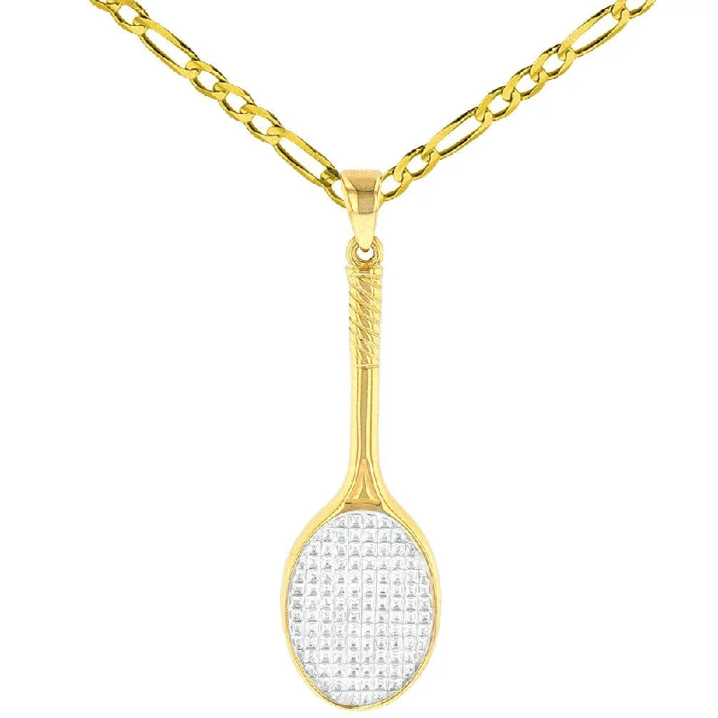 Solid 14K Yellow Gold Tennis Racquet Charm Sports Pendant with Figaro Chain Necklace