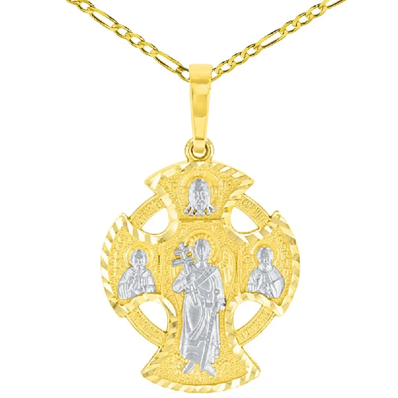 Solid 14K Yellow Gold Textured Celtic Cross Charm with Saints Pendant Figaro Chain Necklace