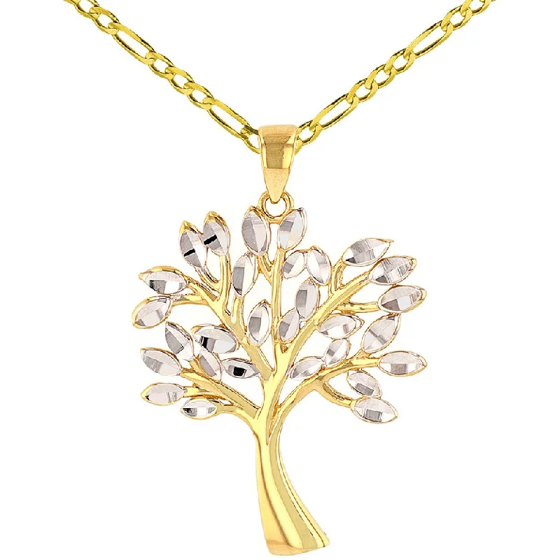 Solid 14K Yellow Gold Textured Elegant Tree of Life Pendant Figaro Chain Necklace