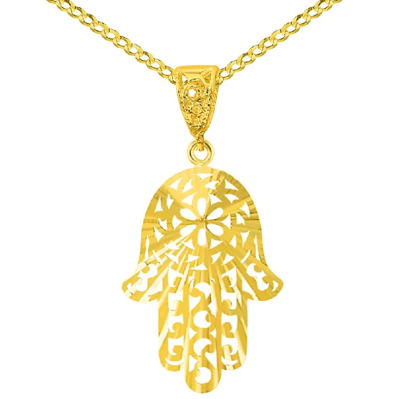 Solid 14K Yellow Gold Textured Filigree Hamsa Hand of Fatima Pendant Necklace