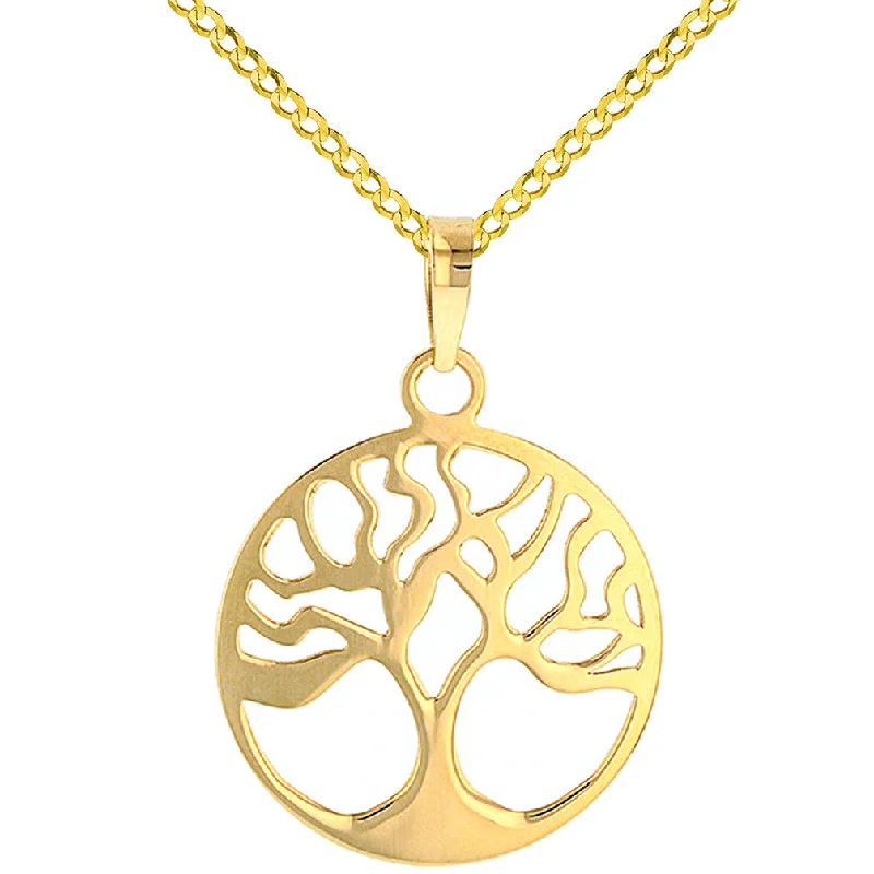 Solid 14k Yellow Gold Tree of Life Disk Chain Pendant Cuban Necklace