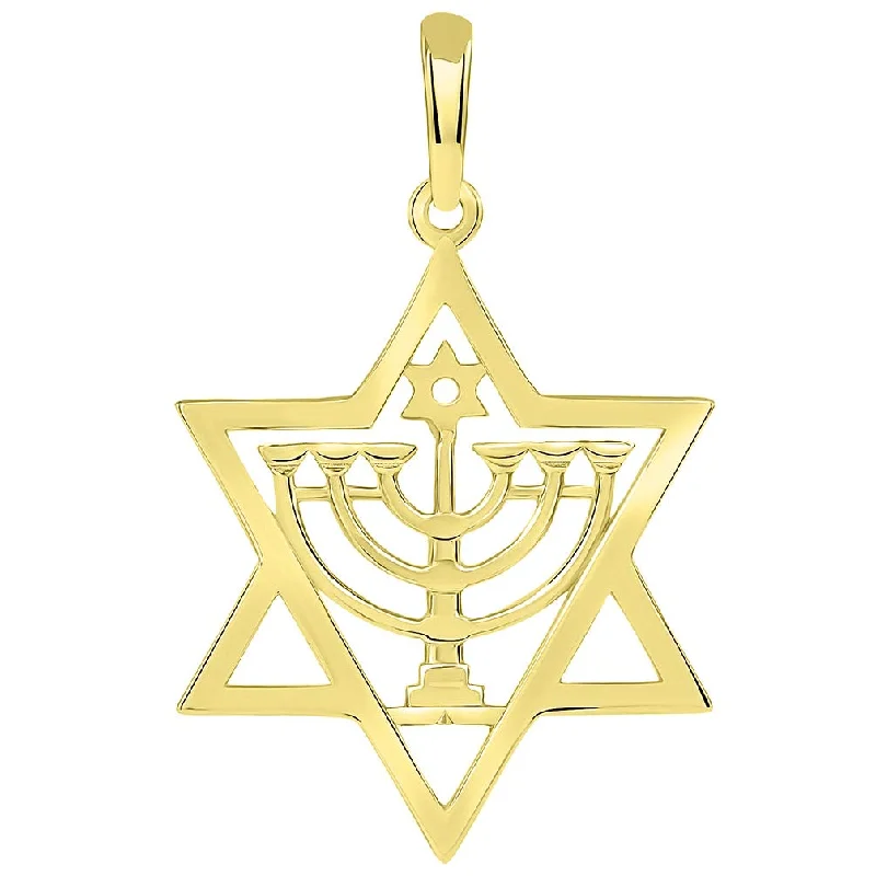 Solid 14k Yellow Hebrew Gold Jewish Star of David with Menorah Pendant