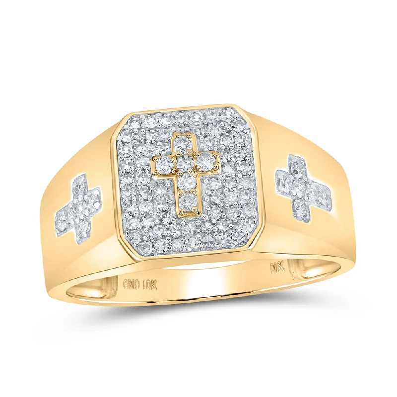 10kt Yellow Gold Mens Round Diamond Cross Ring 3/8 Cttw